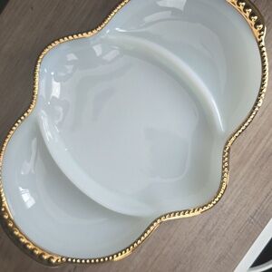 Vintage Fire King 3-Part White Milk Glass Dish with Gold Trim